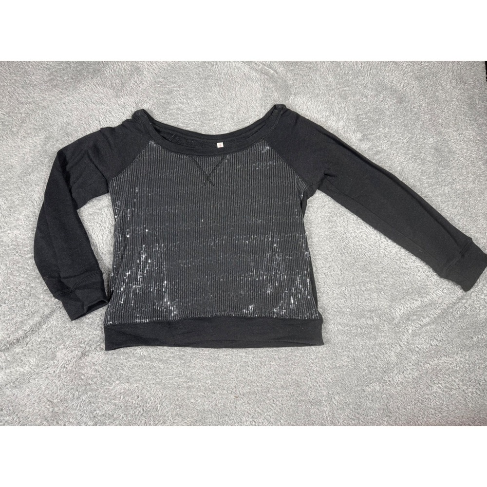 Xhilaration Sequin Front Sweatshirt Women M Black Off Shoulder Pullover - Picture 1 of 10